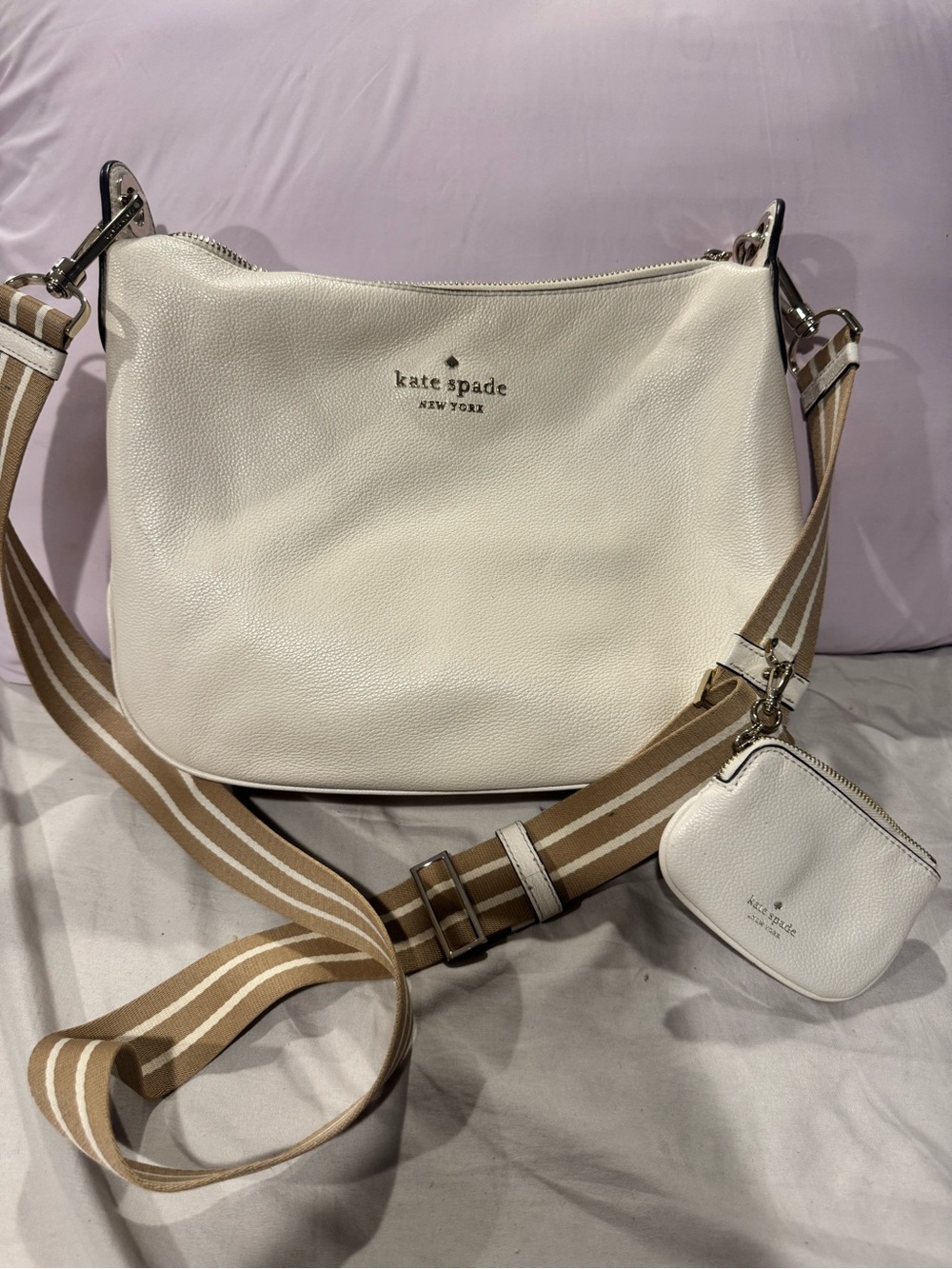 kate spade White Leather Shoulder Bag with Tan Striped Strap